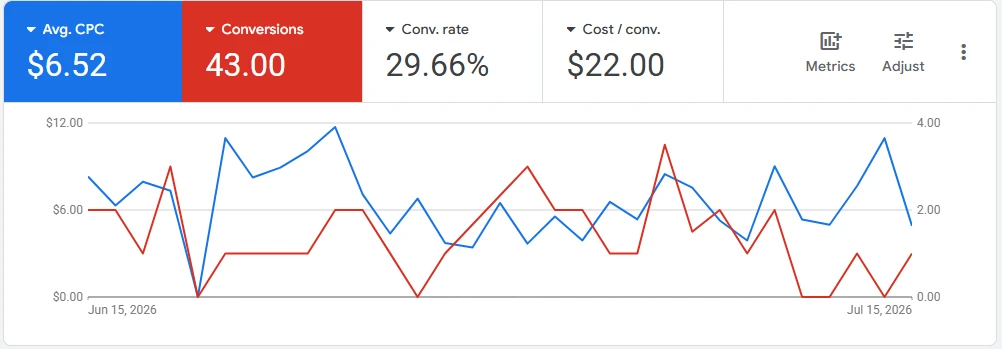 Re-Seal Shower Google Ads results for the 30 days from June 15 to July 15 2026, showing a 29.66% conversion rate