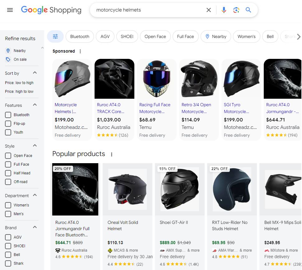 Products from Google 'Shopping' tab