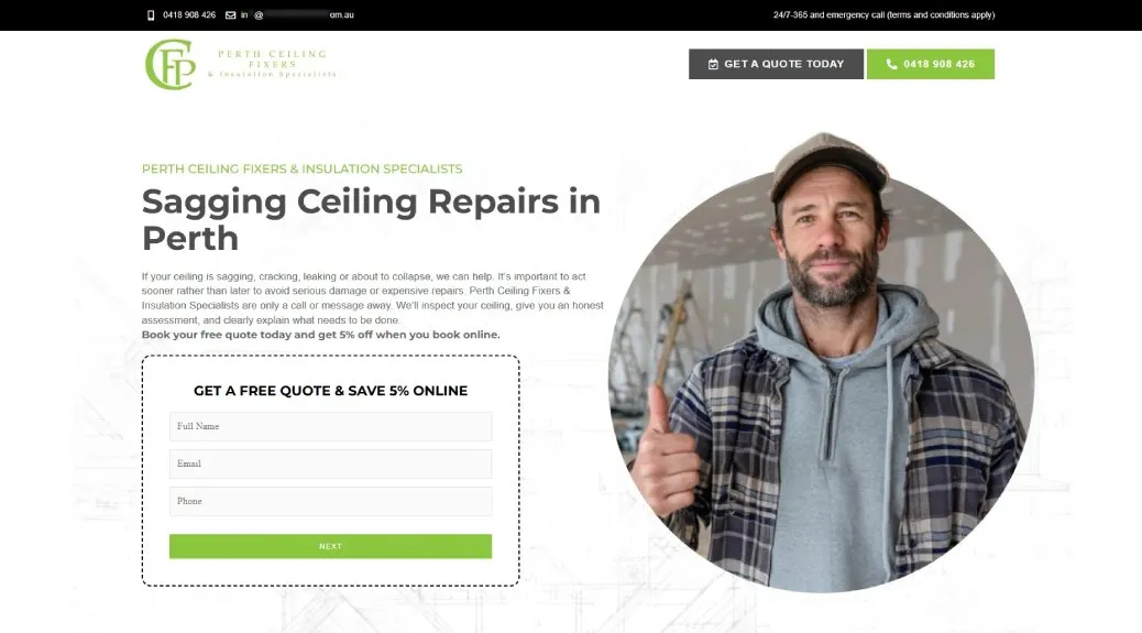 screenshot of Perth Ceiling Fixers landing page