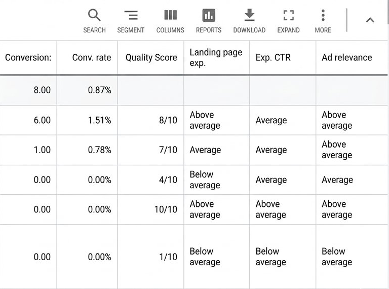 Quality Score in Google Dashboard